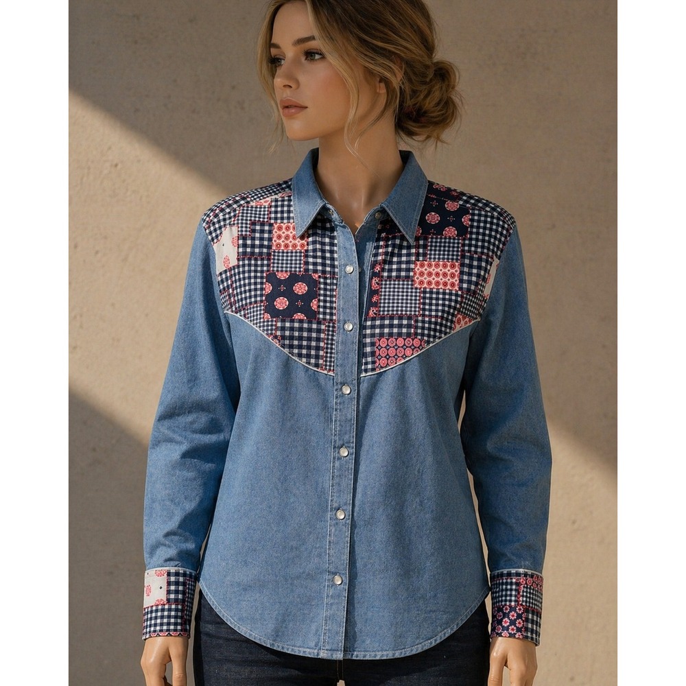Vintage Brutus Womens Western Patchwork Button Down Shirt Blue‎ Chambray Large